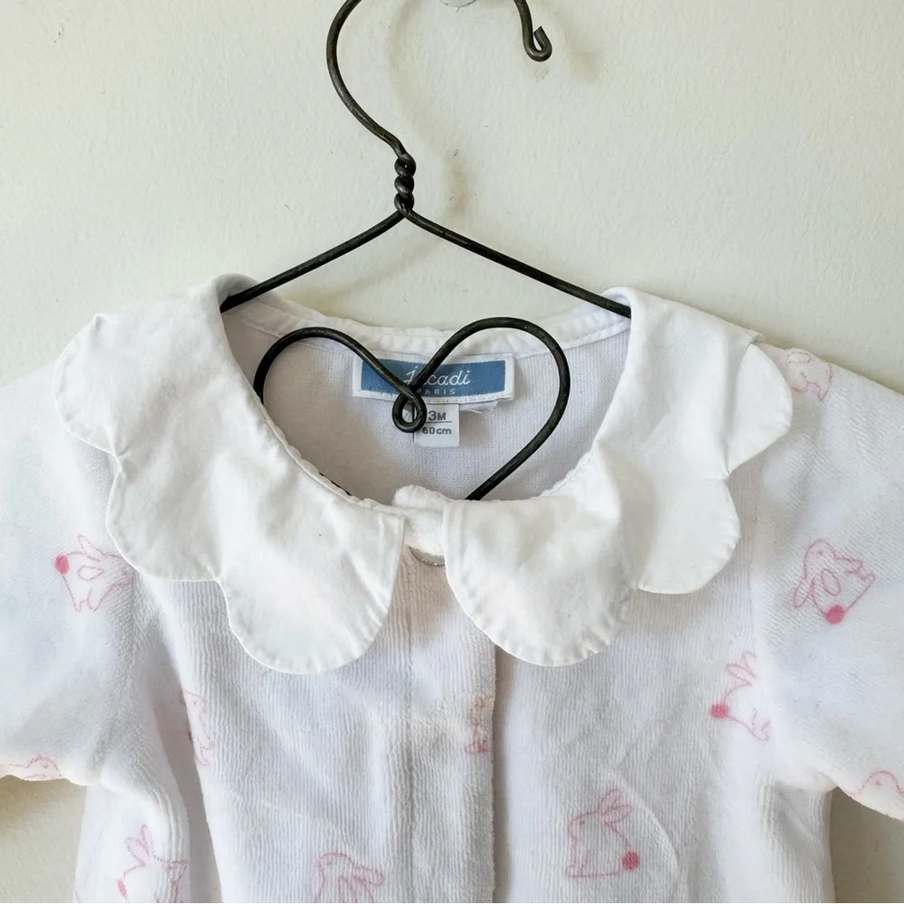 Jacadi Paris White and Pink Velour Bunny Footsie One Piece 3 Months - Picture 2 of 4